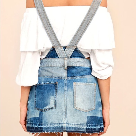 Free People Patchwork Blues Blue Denim Pinafore Overall Jean boho mini Dress - Picture 6 of 13